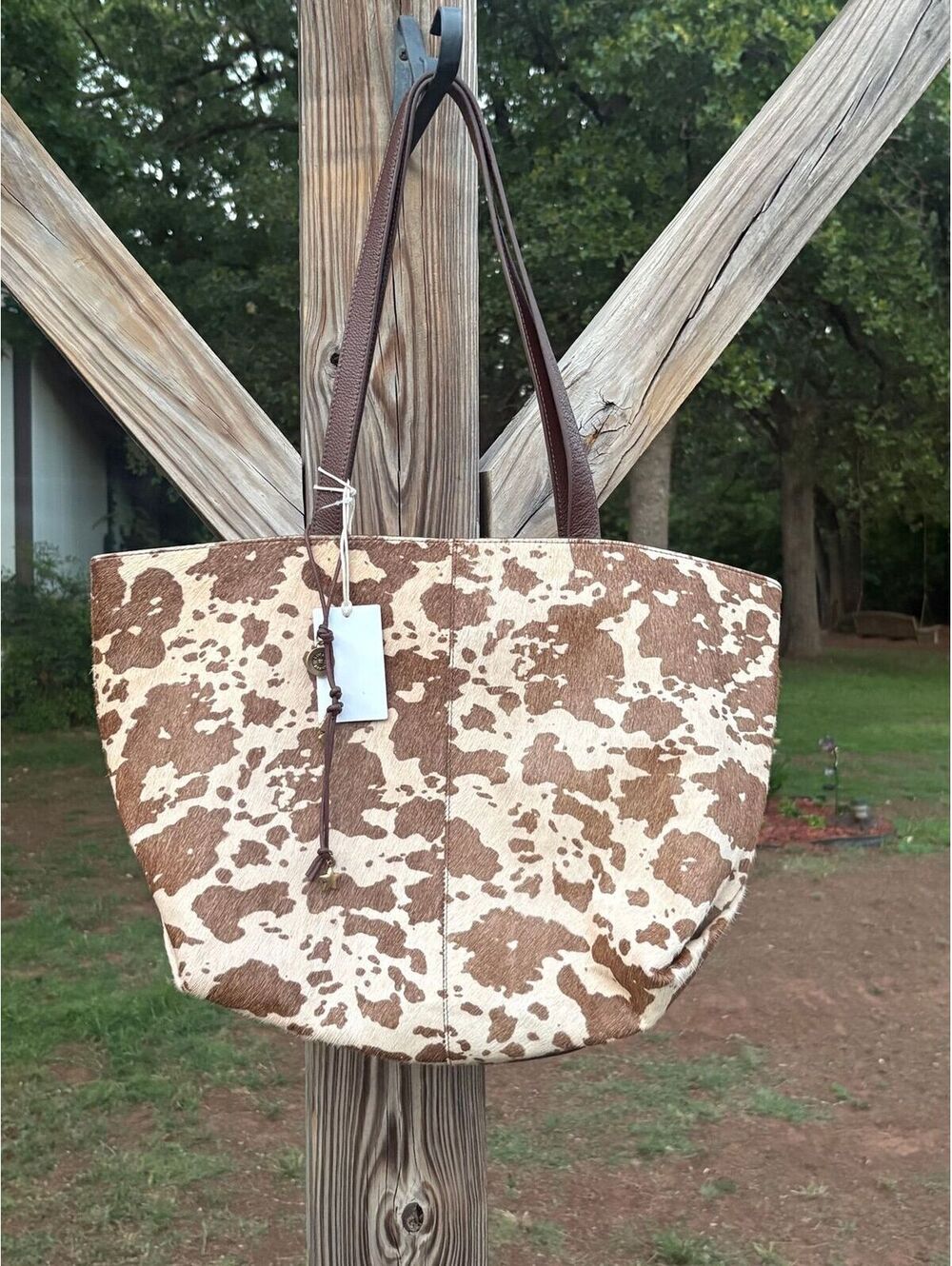 Lucky Brand Western Cowhide Tote Leather, Brown & Cow Print Shoulder Bag
